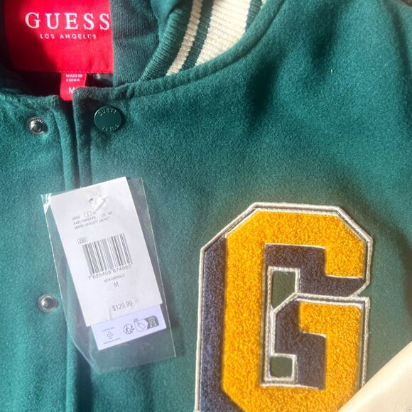 NWT GUESS Varsity Jacket Men’s M Double-Layered Hoodie Green & Cream - Picture 6 of 6